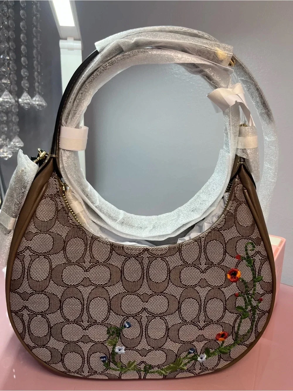 Coach Brown Signature Canvas Shoulder Bag with Floral Embroidery